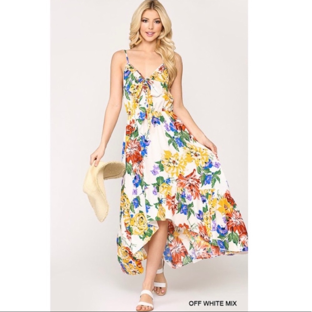 NWT Beautiful Florals Off white Ruffle Hem and Trim Maxi Hi Lo Dress